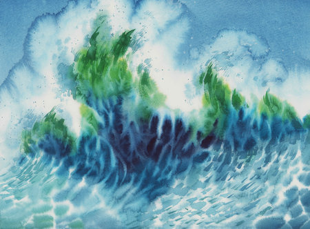 Big sea wave in the storm watercolor backgroundの写真素材