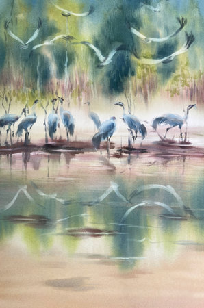 Cranes in wetland in autumn watercolor landscapeの写真素材