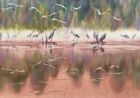 Cranes in wetland in autumn watercolor landscapeの写真素材