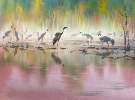 Cranes in wetland in autumn watercolor landscapeの写真素材