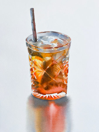 Aperol Spritz cocktail in a glass watercolor illustrationの写真素材