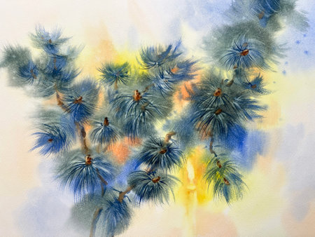 Christmas card with pine tree branches and a candle watercolor backgroundの写真素材
