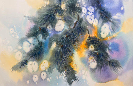 Christmas card with pine tree branches and snowflakes watercolor backgroundの写真素材