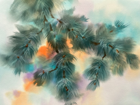 Watercolor background with pine tree branchesの写真素材