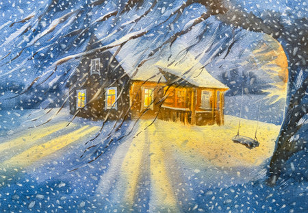 A wooden house in winter night watercolor illustrationの写真素材