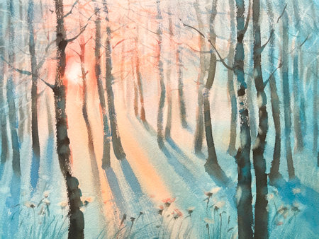 Forest in winter sunset abstract watercolor backgroundの写真素材