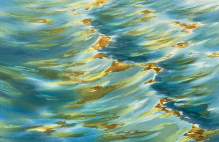Green water waves on the lake in evening watercolor backgroundの写真素材