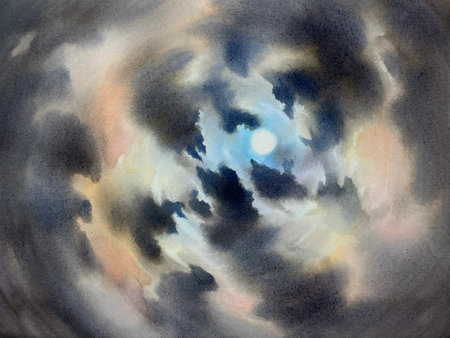 A Moon at night sky, cloudy watercolor backgroundの写真素材