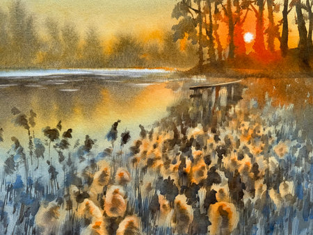 Sunset by the lake in spring watercolor backgroundの写真素材