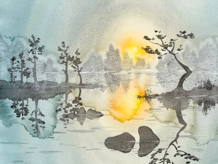 Stones in the lake in the morning mist watercolor backgroundの写真素材