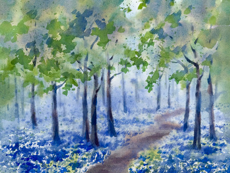 Forest in blue spring bloom watercolor backgroundの写真素材