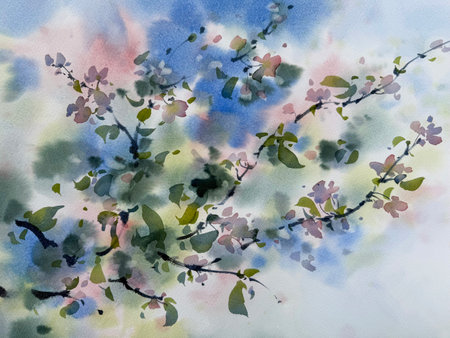 Cherry tree bloom in the evening watercolor backgroundの写真素材