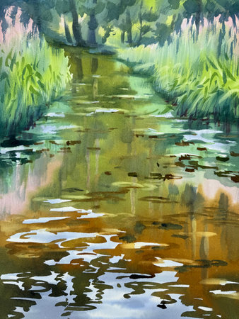 River water and grass abstract watercolor backgroundの写真素材