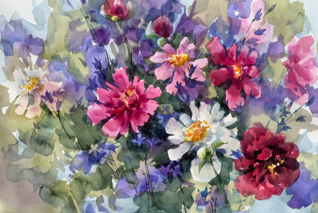 A bouquet of color peonies watercolor backgroundの写真素材