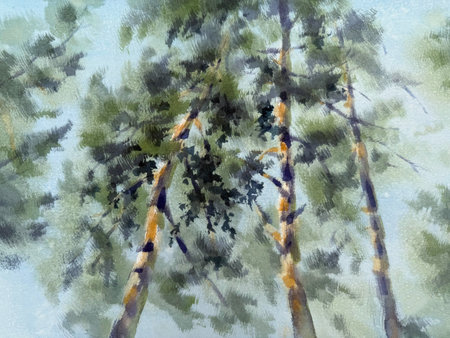 Hand painted pine trees watercolor backgroundの写真素材