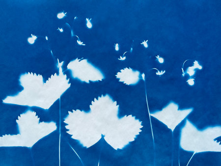 Small flowers in blue print background. Cyanotype illustrationの写真素材