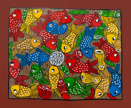 Hand painted fish ornament in traditional Indian styleの写真素材