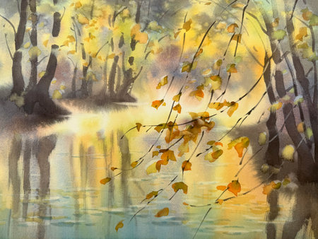 Morning by the river in autumn sunlight watercolor backgroundの写真素材