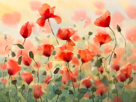 Red poppies field in sunset abstract watercolor backgroundの写真素材