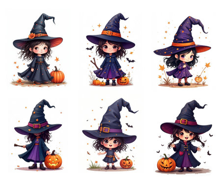 Halloween kids in witch costume with pumpkin and witch hat vector illustrationのイラスト素材