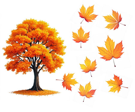 Autumn tree and falling leaves isolated on white background. Vector illustrationのイラスト素材