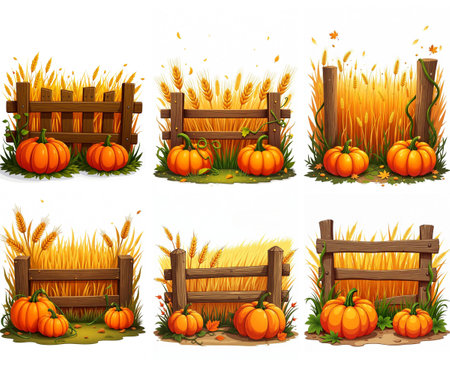 Pumpkins and wooden fence with wheat on white background vector illustrationのイラスト素材