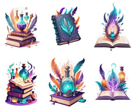 Magic books and magic potion bottles with feathers. Vector cartoon illustration.のイラスト素材
