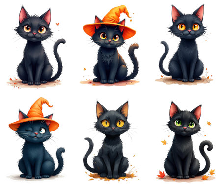 Cute black cats in halloween witch hats. Vector illustration.のイラスト素材