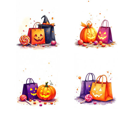 Halloween pumpkins, candy and shopping bags. Vector illustration.のイラスト素材