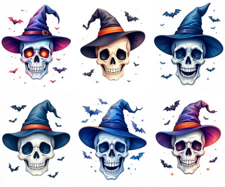 Halloween vector set with skulls in witch hats and bats isolated on white backgroundのイラスト素材