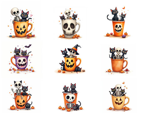 Cartoon Halloween pumpkins and skulls in cups. Vector illustration.のイラスト素材