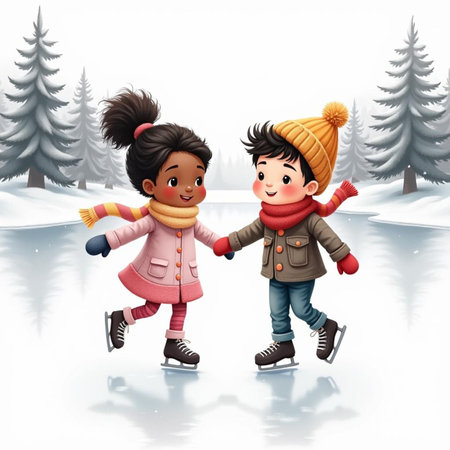 Winter season cute boy and girl ice skating in the winter nature - illustration for childrenのイラスト素材