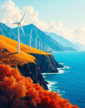 Wind turbines on the background of the sea and mountains in autumn.の素材