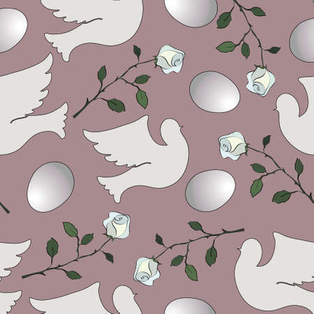 Seamless pattern with white doves and roses. Vector illustrationのイラスト素材