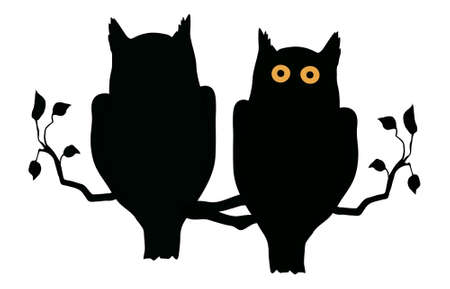 Silhouette of two owls on branch - vector illustrationのイラスト素材
