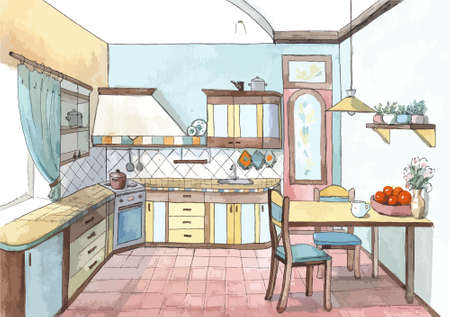 Interior of a cute kitchen in watercolor, vector illustrationのイラスト素材