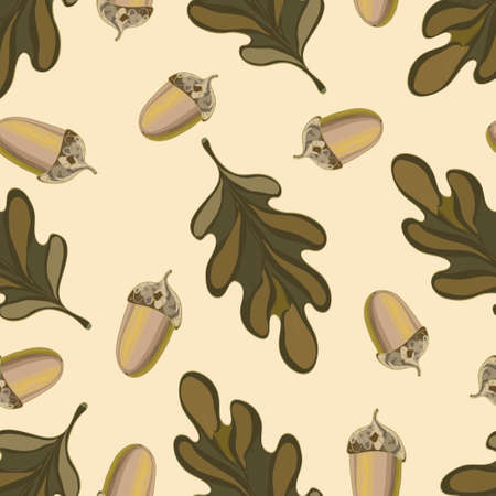 Seamless vector pattern with autumn leaves. Oak leaf and acorn drawing.の写真素材