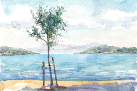 Watercolor painting seascape with coast tree. Croatiaの写真素材