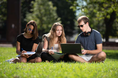 Three college students learning and working together while sitting on the grass.の写真素材