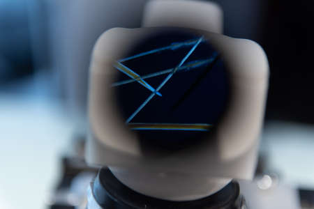 View of a hair sample through the microscope viewfinderの写真素材