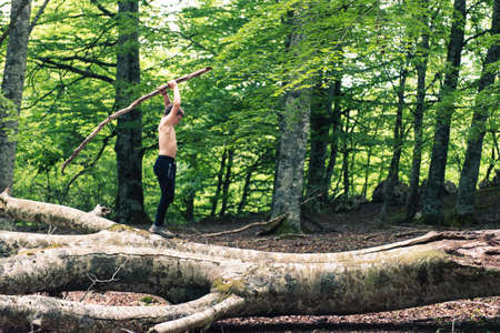 Shirtless boy playing with a stick on a big fallen tree in the forest. Wild kid playing in nature. Developing imagination in childhood concept.の写真素材