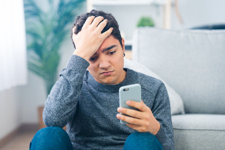 Despaired hispanic teenager boy looking at phone. Social media and digital addiction concept.