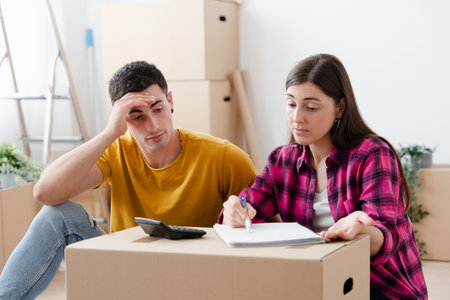 Young couple calculating outlay in new home. Woman and boyfriend doing expenses checklist. Mortgage...