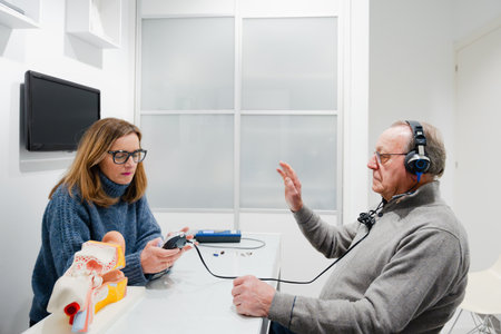 Ear doctor checking hearing loss on elderly patient in a clinic.
