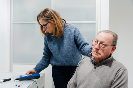 Audiology doctor checking hearing to patient using a tympanometer.
