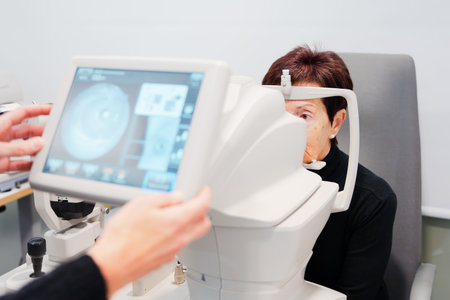 Oculist making a retinography to a patient using a modern machineの写真素材