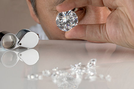 Close up of diamond dealers hands evaluating diamond at international jewelry exhibition. High...