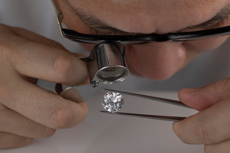 Close up of diamond dealers hands evaluating diamond at international jewelry exhibition. High quality photoの写真素材