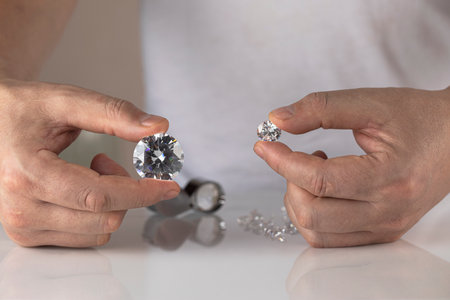 Close up of diamond dealers hands evaluating diamond at international jewelry exhibition. High quality photoの写真素材