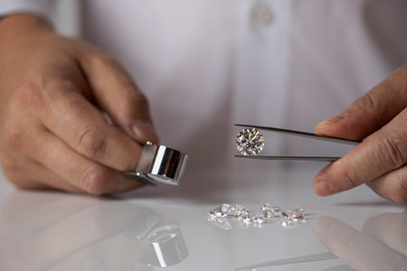 Close up of diamond dealers hands evaluating diamond at international jewelry exhibition. High quality photoの写真素材